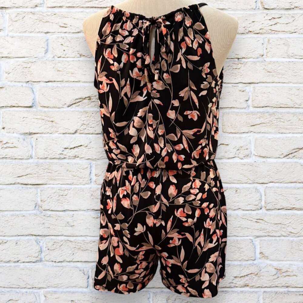 White House Black Market Black with Peach/Tan Floral Romper Size Small - Picture 3 of 7
